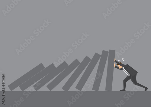 Businessman Pushing Against Falling Dominoes Vector Cartoon Illustration