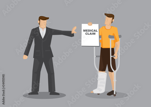 Insurer Denies Medical Claim from Patient with Leg Injury Vector Cartoon Illustration