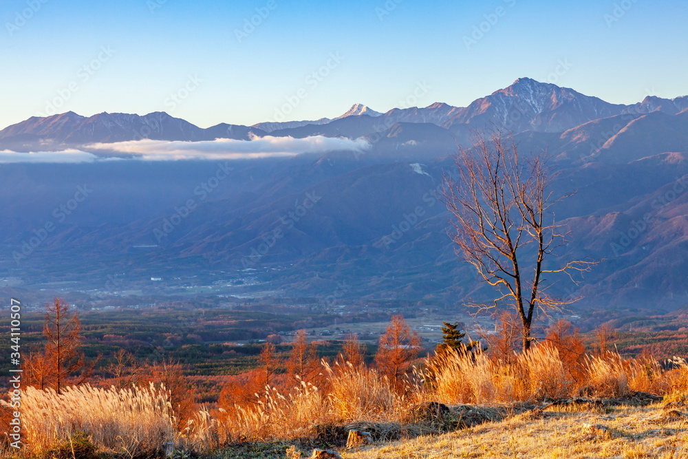 創造の森から眺める夜明けの風景、前方に北岳・甲斐駒ヶ岳が見えます。長野県諏訪郡富士見町富士見高原にて