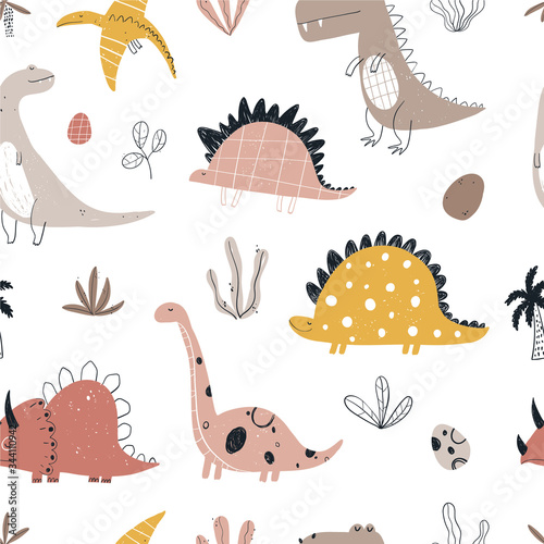 Vector hand-drawn colored seamless repeating children pattern with cute dinosaurs, plants and doodles in Scandinavian style on a white background. Baby pattern with dinosaurs. Cute baby animals.
