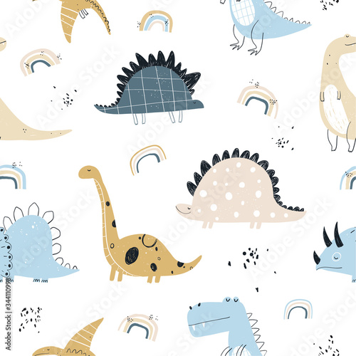 Vector hand-drawn colored seamless repeating children pattern with cute dinosaurs, rainbow in Scandinavian style on a white background. Baby pattern with dinosaurs. Cute baby animals.
