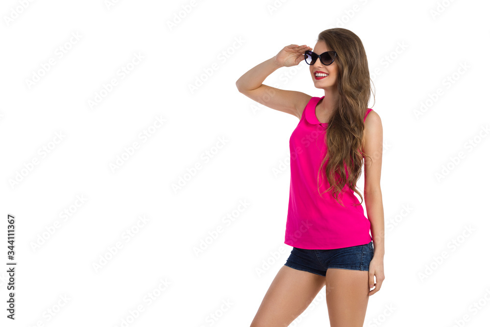 Smiling Beautiful Young Woman Salutes And Looks Away Smiling Beautiful Young Woman Salutes And Looks Away