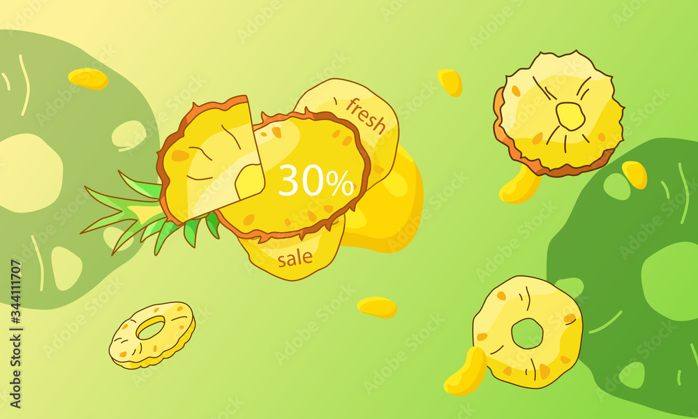 Pineapple fresh sale banner on green backdrop. Juicy discount offer for vegan shop logo, promo card, healthy food shop. Internet store or website banner. Drawn style stock vector illustration