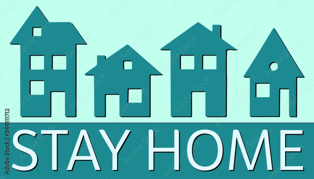 Stay at home text under the houses. The logo of the campaign for the protection from viruses or coronaviruses. Referring to self-isolation as a sign or symbol. Vector illustration.