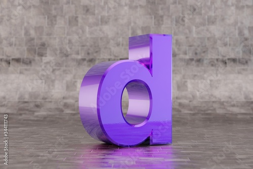 Violet 3d letter D lowercase. Glossy indigo letter on tile background. 3d rendered font character.