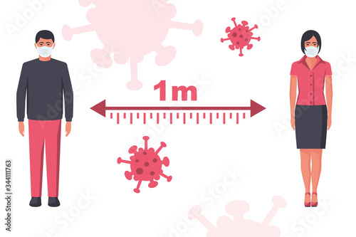 Landing page social distancing. Concept social awareness. Keep distance of 1 meter. Man and woman in protective masks. Coronavirus Prevention covid-19. Vector illustration flat design.