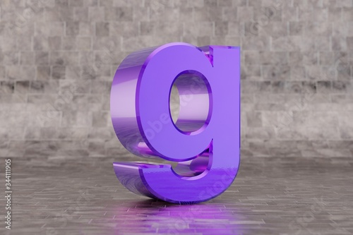 Violet 3d letter G lowercase. Glossy indigo letter on tile background. 3d rendered font character.