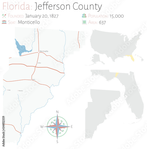 Large and detailed map of Jefferson county in Florida, USA.