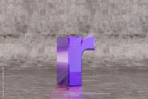 Violet 3d letter R lowercase. Glossy indigo letter on tile background. 3d rendered font character.