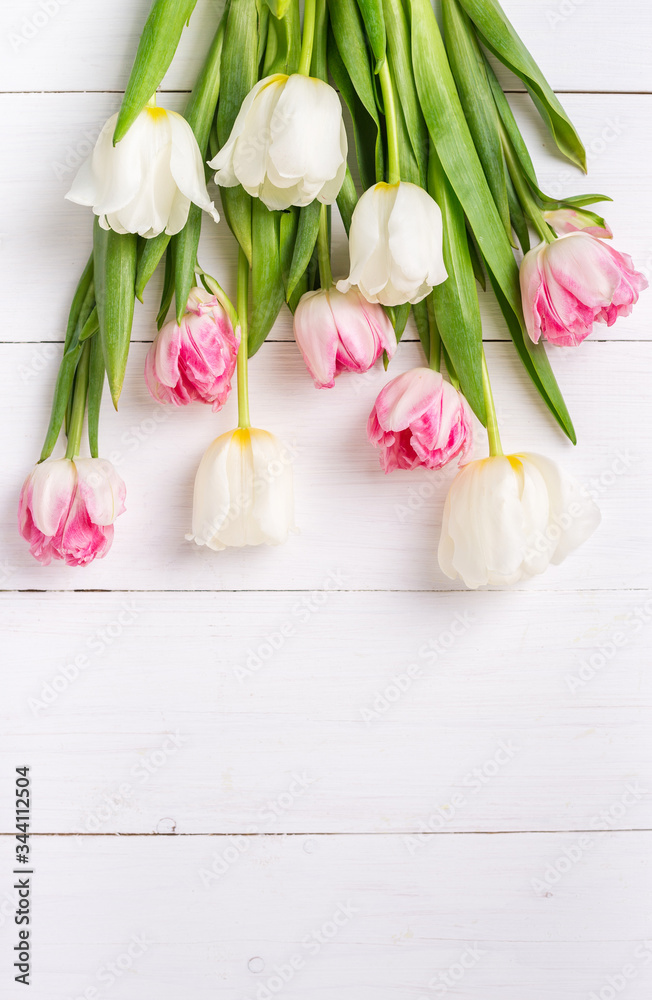 Beautiful tulips on white wooden background