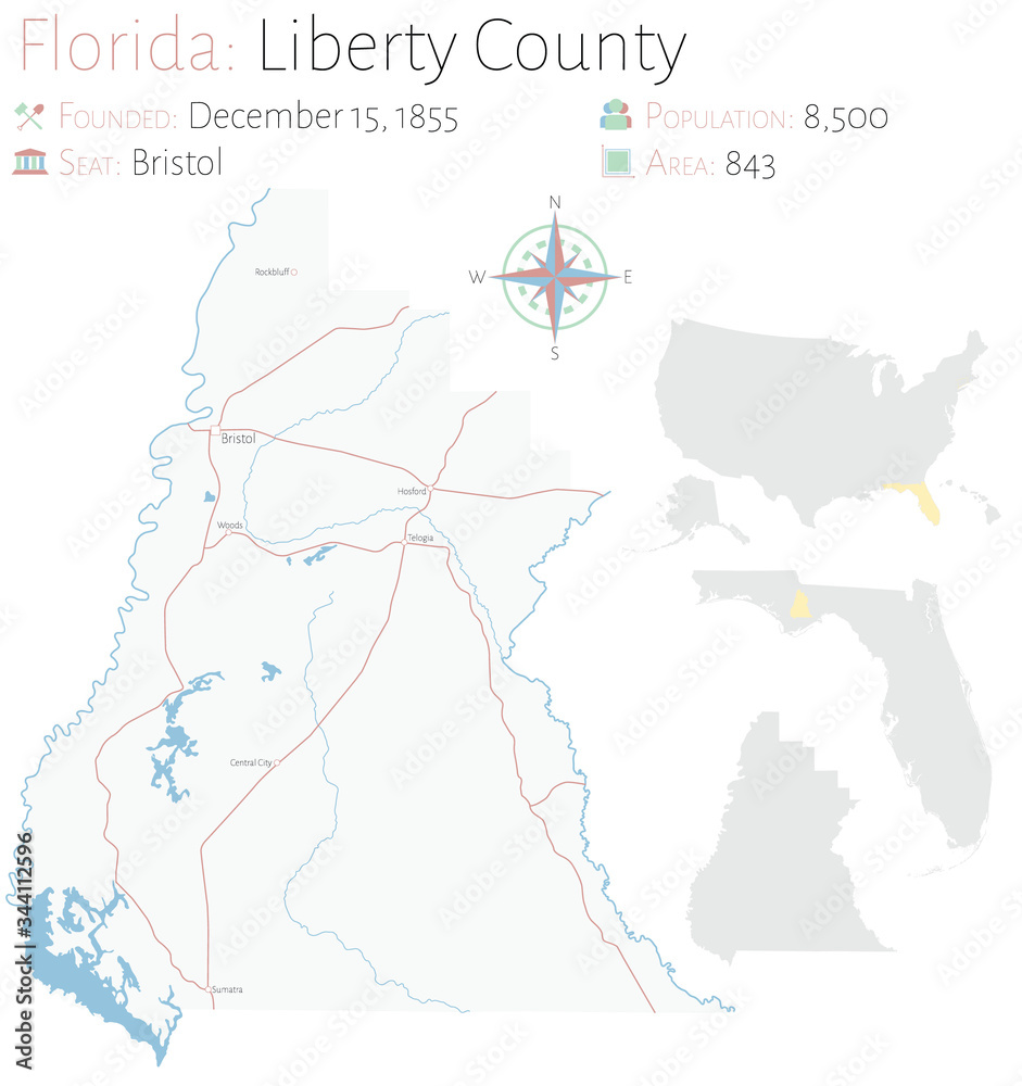 Large and detailed map of Liberty county in Florida, USA. Stock Vector ...