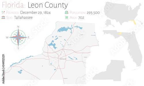Large and detailed map of Leon county in Florida, USA.