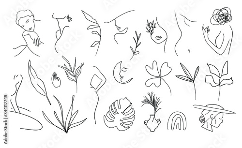 Woman Line Art Clipart. Female Line Drawing Illustrations. Nude and Botanical Line Artwork.