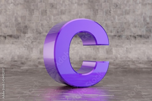 Violet 3d letter C uppercase. Glossy indigo letter on tile background. 3d rendered font character.