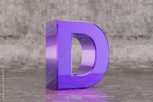Violet 3d letter D uppercase. Glossy indigo letter on tile background. 3d rendered font character.