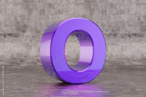 Violet 3d letter O uppercase. Glossy indigo letter on tile background. 3d rendered font character.