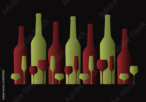 silhouettes of wine bottles and glasses isolated on dark background