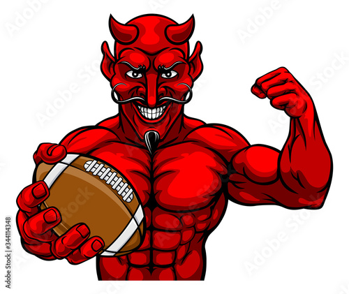 A devil Satan American Football sports mascot cartoon character man holding a ball