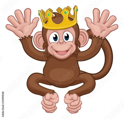 A monkey king cute happy cartoon character animal wearing a crown waving with both hands