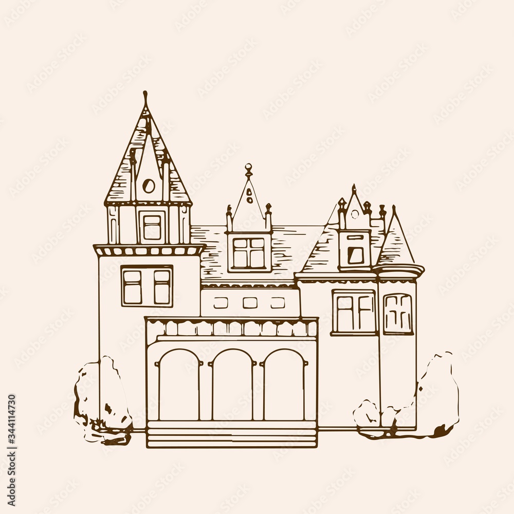 Sketched Castle. Isolated vector illustration. Palace. Hand drawn linear ink sketch. Vintage