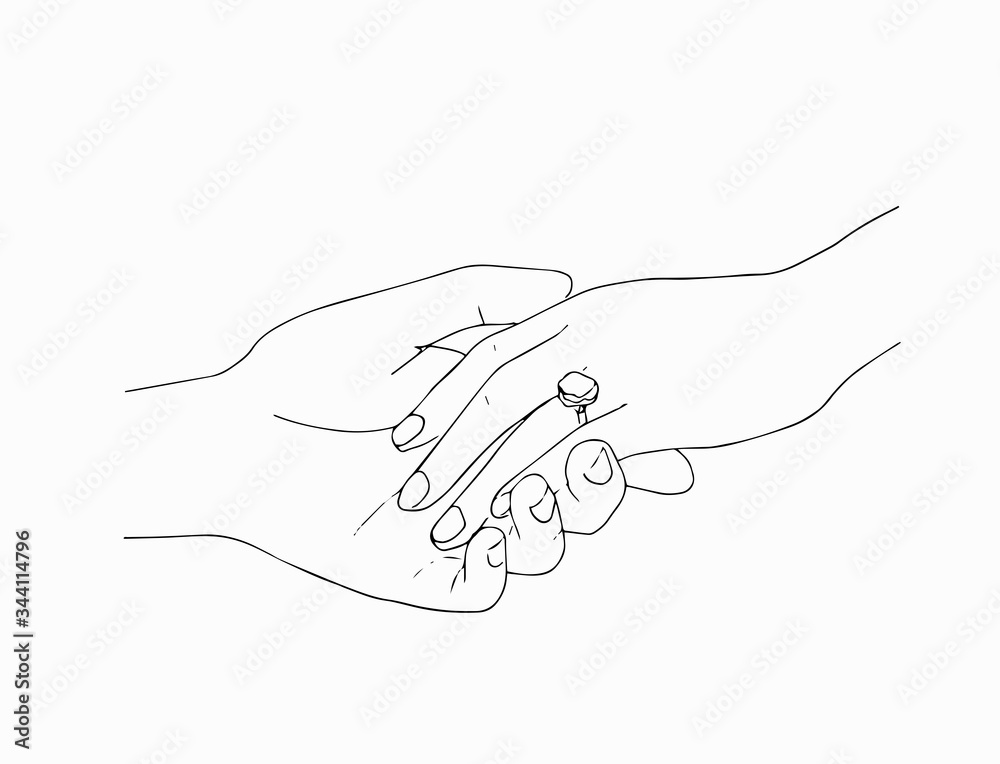man putting engagement ring on woman hand, outdoor. marriage proposal. Graphic vector illustration. Line art, Sketch. Wedding ring. Hand draw vector