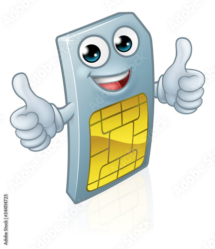 A mobile phone sim card cartoon character mascot giving a double thumbs up.