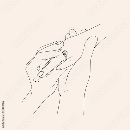 man putting engagement ring on woman hand, outdoor. marriage proposal. Graphic vector illustration. Line art, Sketch. Wedding ring. Hand draw vector