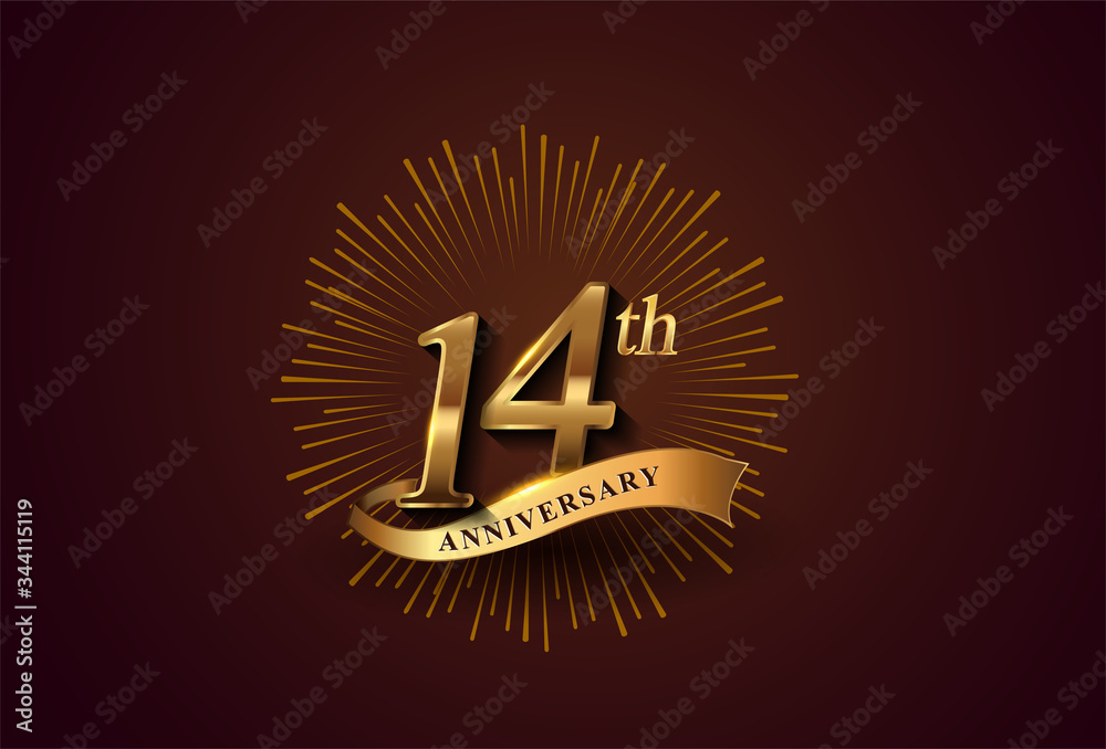 Naklejka premium 14th anniversary logotype with fireworks and golden ribbon, isolated on elegant background. vector anniversary for celebration, invitation card, and greeting card