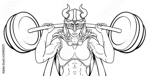 A Viking warrior woman weightlifter lifting a heavy barbell weight