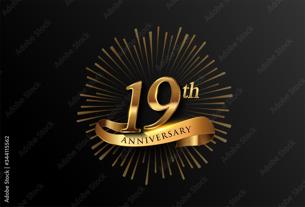 19th anniversary logotype with fireworks and golden ribbon, isolated on ...