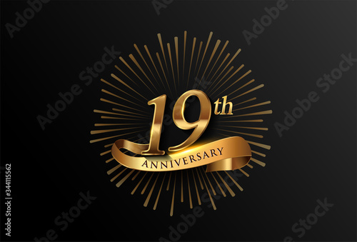 19th anniversary logotype with fireworks and golden ribbon, isolated on elegant background. vector anniversary for celebration, invitation card, and greeting card