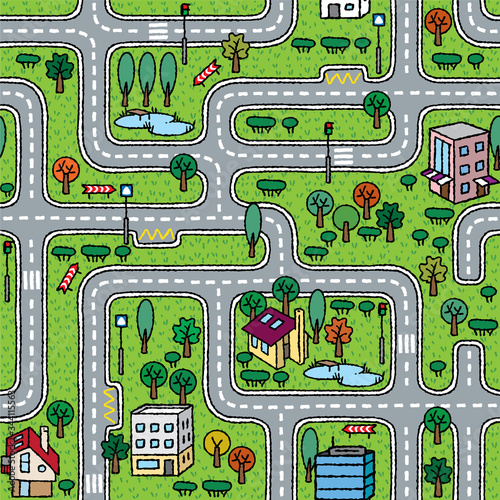 City seamless pattern. Roads with grass areas background