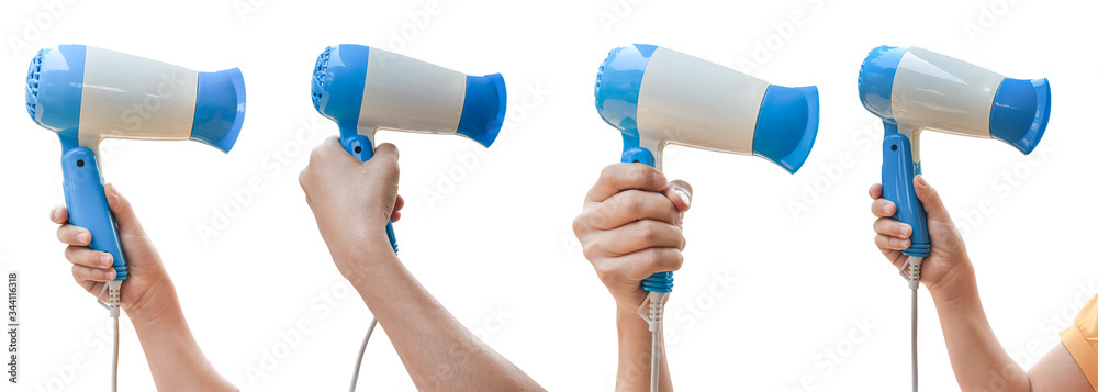 Collection of hand holding blue Hair dryer isolated on white background. With clipping path. Collection of hand holding blue Hair dryer isolated on white background. With clipping path.