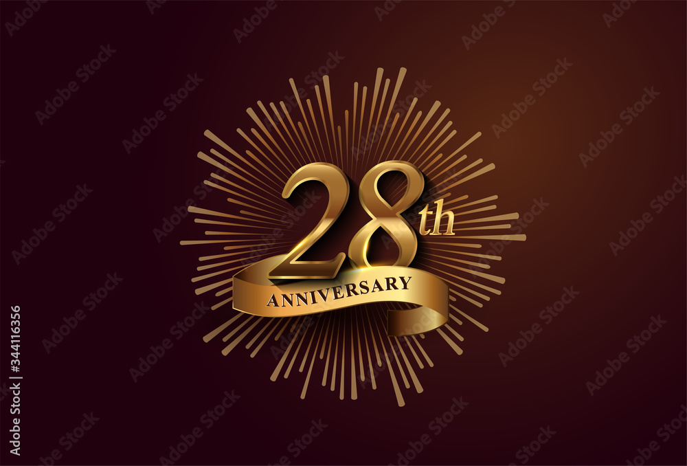Fototapeta premium 28th anniversary logotype with fireworks and golden ribbon, isolated on elegant background. vector anniversary for celebration, invitation card, and greeting car