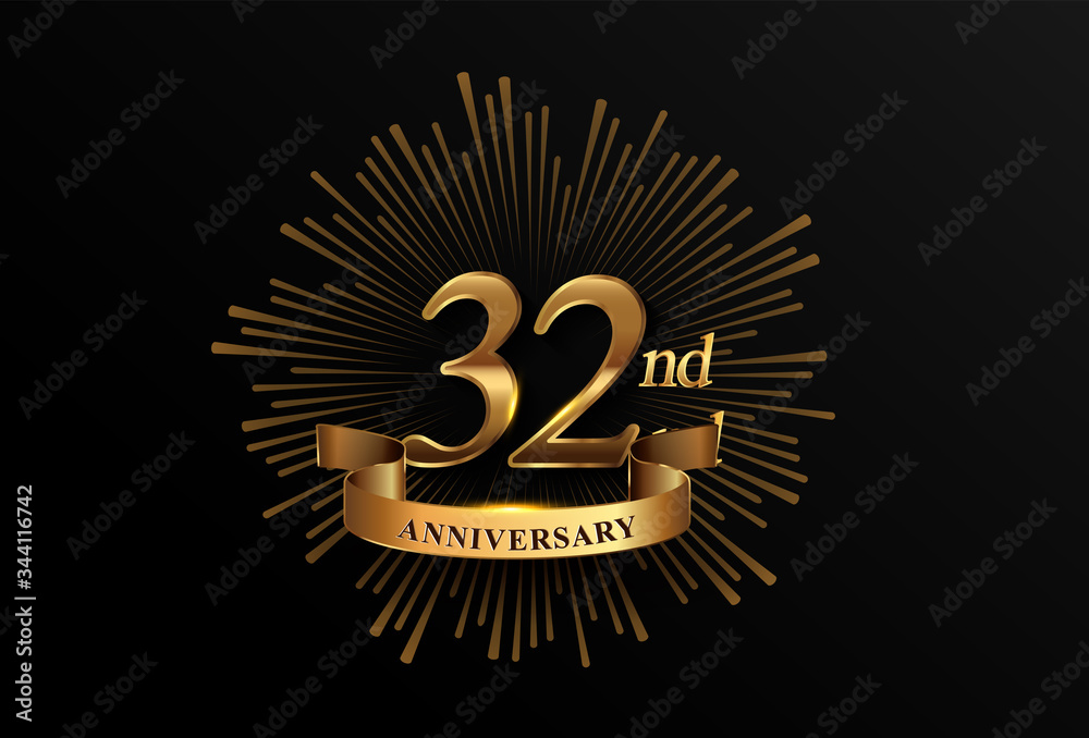 Naklejka premium 32nd anniversary logotype with fireworks and golden ribbon, isolated on elegant background. vector anniversary for celebration, invitation card, and greeting card