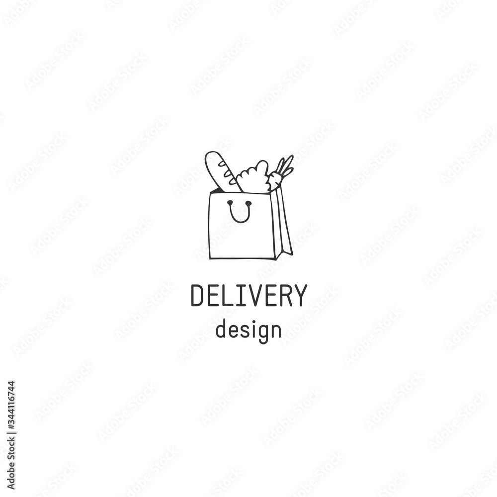 Premade delivery logo template with vector hand drawn grocery bag.