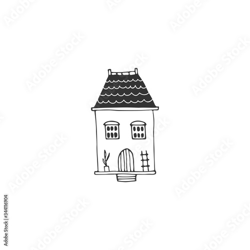 Cute little house. Vector sketch black and white illustration.