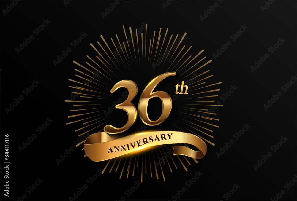 Fototapeta premium 36th anniversary logotype with fireworks and golden ribbon, isolated on elegant background. vector anniversary for celebration, invitation card, and greeting card