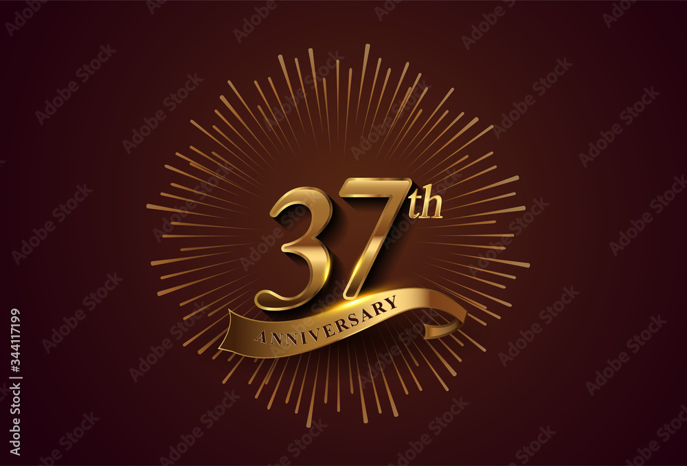 Fototapeta premium 37th anniversary logotype with fireworks and golden ribbon, isolated on elegant background. vector anniversary for celebration, invitation card, and greeting card