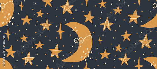 Hand drawn vector seamless pattern illustration of a night starry sky. Scandinavian style flat design for kids. The concept for children's textile, wrapping, wallpaper, covers.