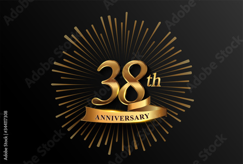 Fototapeta Naklejka Na Ścianę i Meble -  38th anniversary logotype with fireworks and golden ribbon, isolated on elegant background. vector anniversary for celebration, invitation card, and greeting card