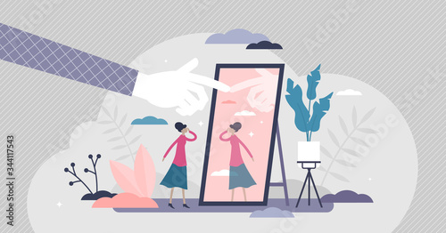 Self absorption concept, flat tiny person vector illustration
