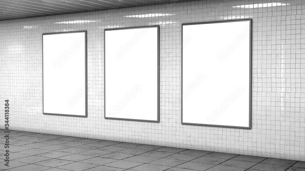 Three blank light boxes on white tiles wall