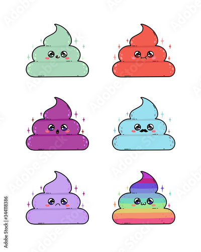Cute poop character in Japan kawaii style. The cute poo emoji stickers set isolated on white background. Happy cartoon characters anime with funny faces. Vector illustration.