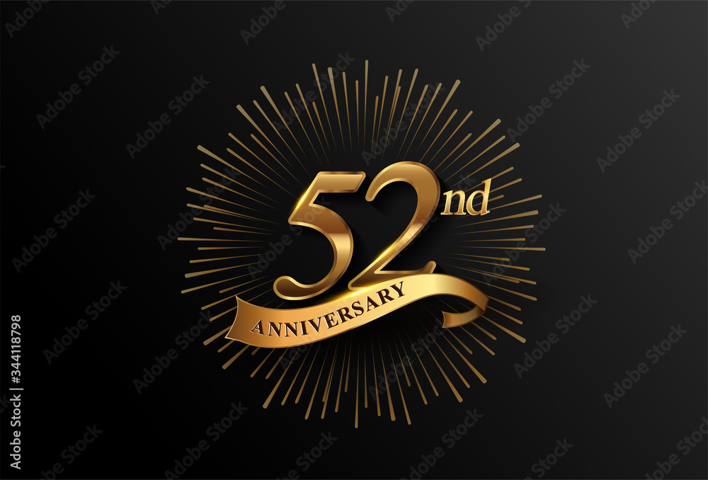 Fototapeta premium 52nd anniversary logotype with fireworks and golden ribbon, isolated on elegant background. vector anniversary for celebration, invitation card, and greeting card