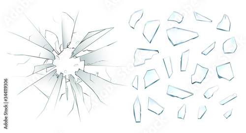 High detailed realistic broken glass isolated on transparent background. With cracks and bullet marks. Realistic transparent shards of broken glass. Vector illustration.
