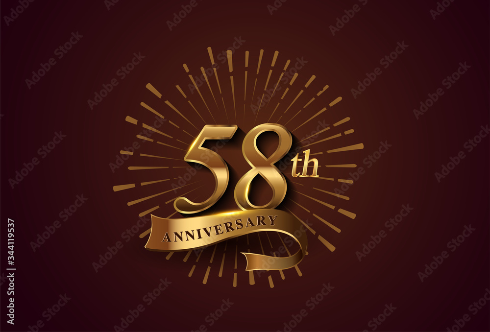 Naklejka premium 58th anniversary logotype with fireworks and golden ribbon, isolated on elegant background. vector anniversary for celebration, invitation card, and greeting card