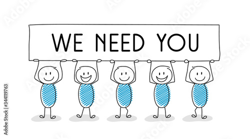 Cartoon people holding banner with “we need you” text.  New vacancy concept. Vector