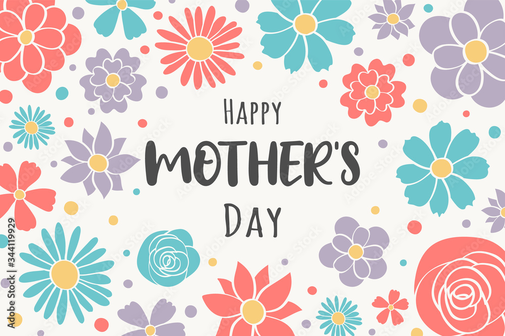 Mother’s Day card with hand drawn flowers and greetings. Vector