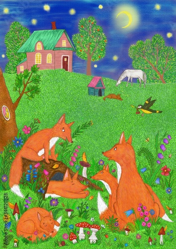  The family of foxes. Beautiful animals in the meadow. Bright digital illustration. Cute illustration for the decor and design of posters  postcards  prints  stickers  invitations  textiles.